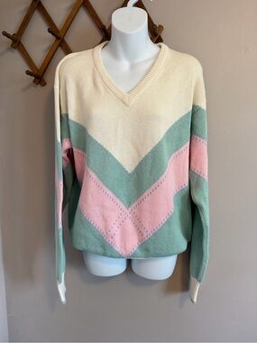 Lady La Mode Vintage Pastel Chevron V-Neck Knit Sweater Pink Green Cream Size L